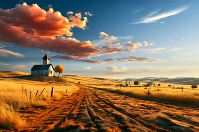 Small Rural Church On A Golden Hillside