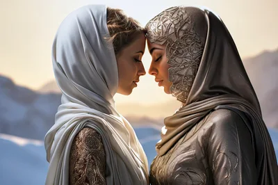 Two Women In Traditional Attire Touching Foreheads