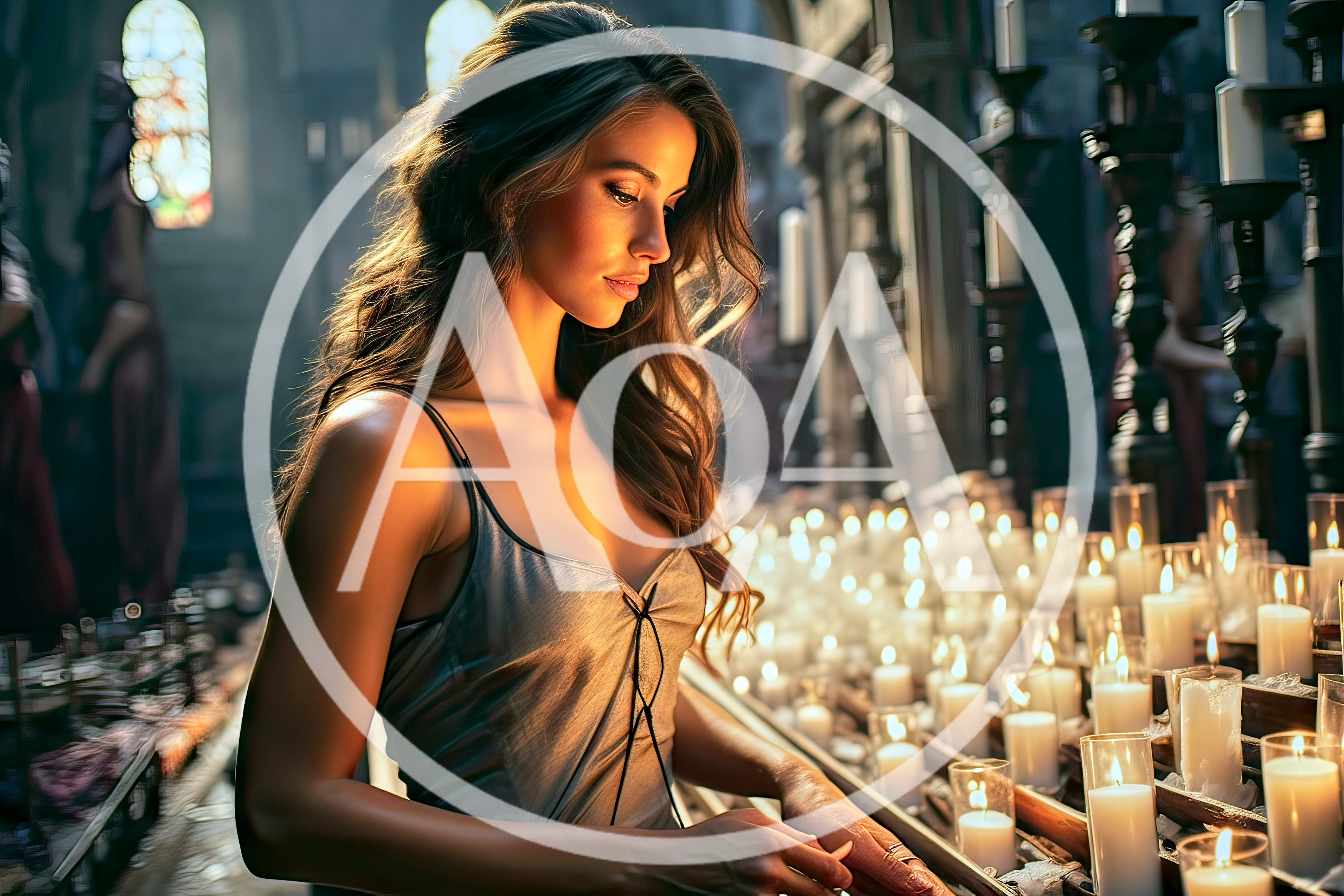 Young Woman Lighting Candles In A Dimly Lit Church