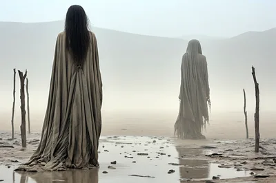 Two Ethereal Figures Standing In A Misty Desert Landscape