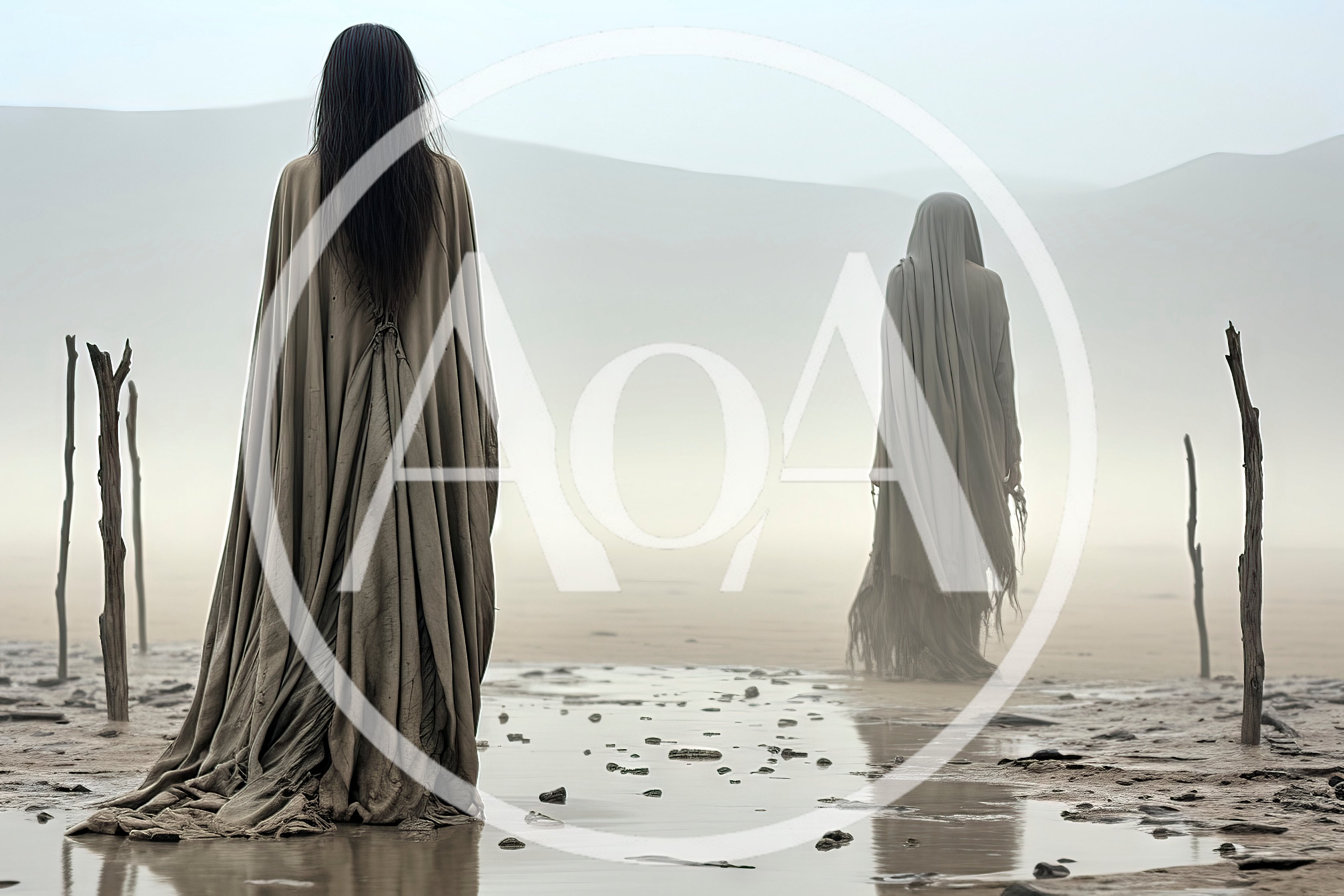 Two Ethereal Figures Standing In A Misty Desert Landscape