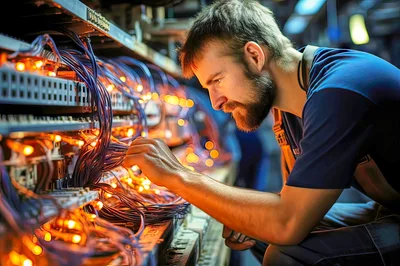 Technician Working On Complex Server Rack Wiring