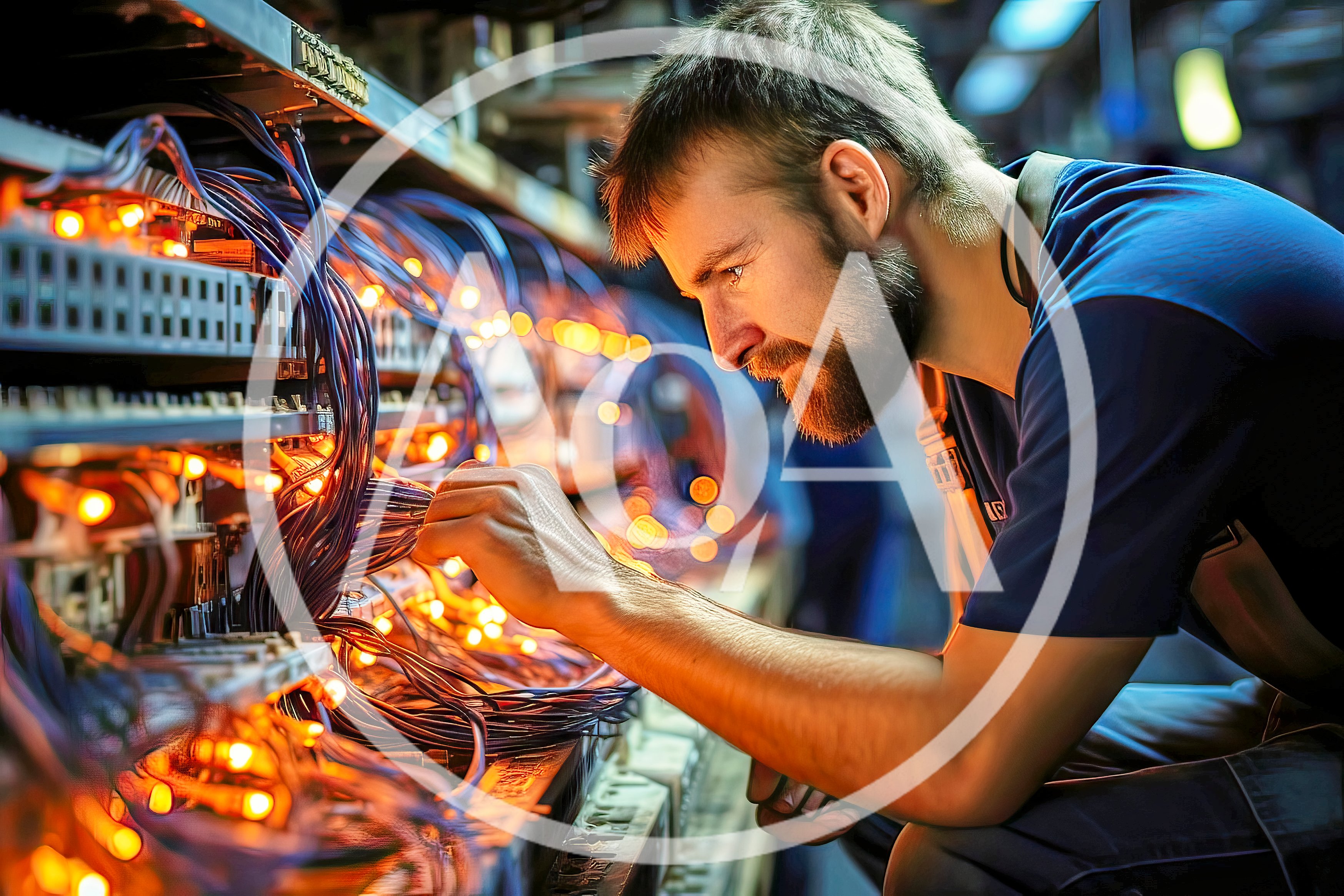 Technician Working On Complex Server Rack Wiring