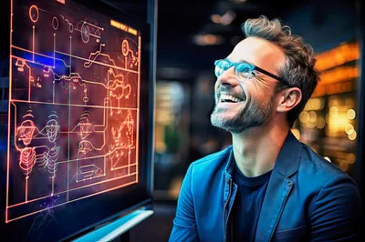 Professional Man Examining Glowing Digital Schematic Display