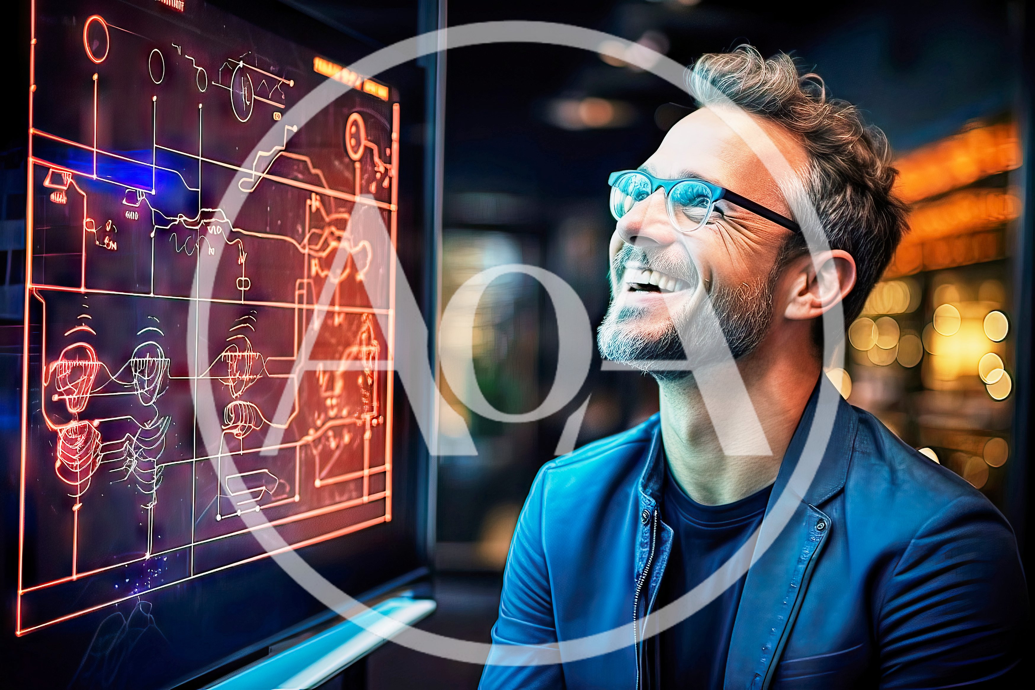 Professional Man Examining Glowing Digital Schematic Display
