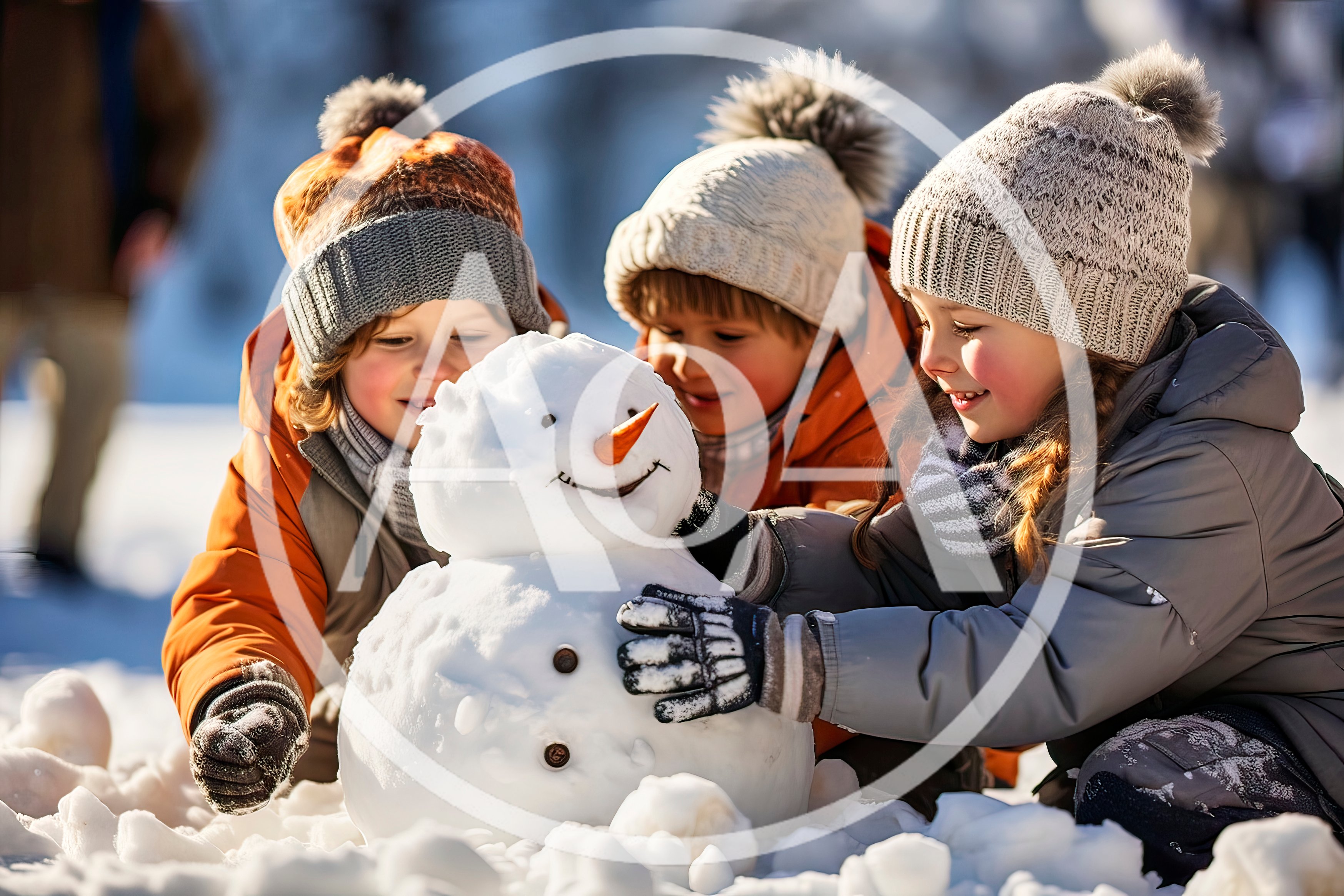 Three Children Building A Snowman Together Outdoors