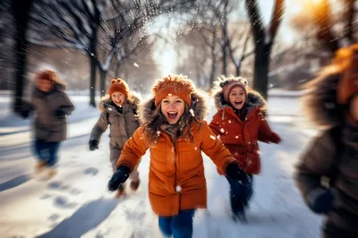 Group Of Happy Children Running Through Snowy Park