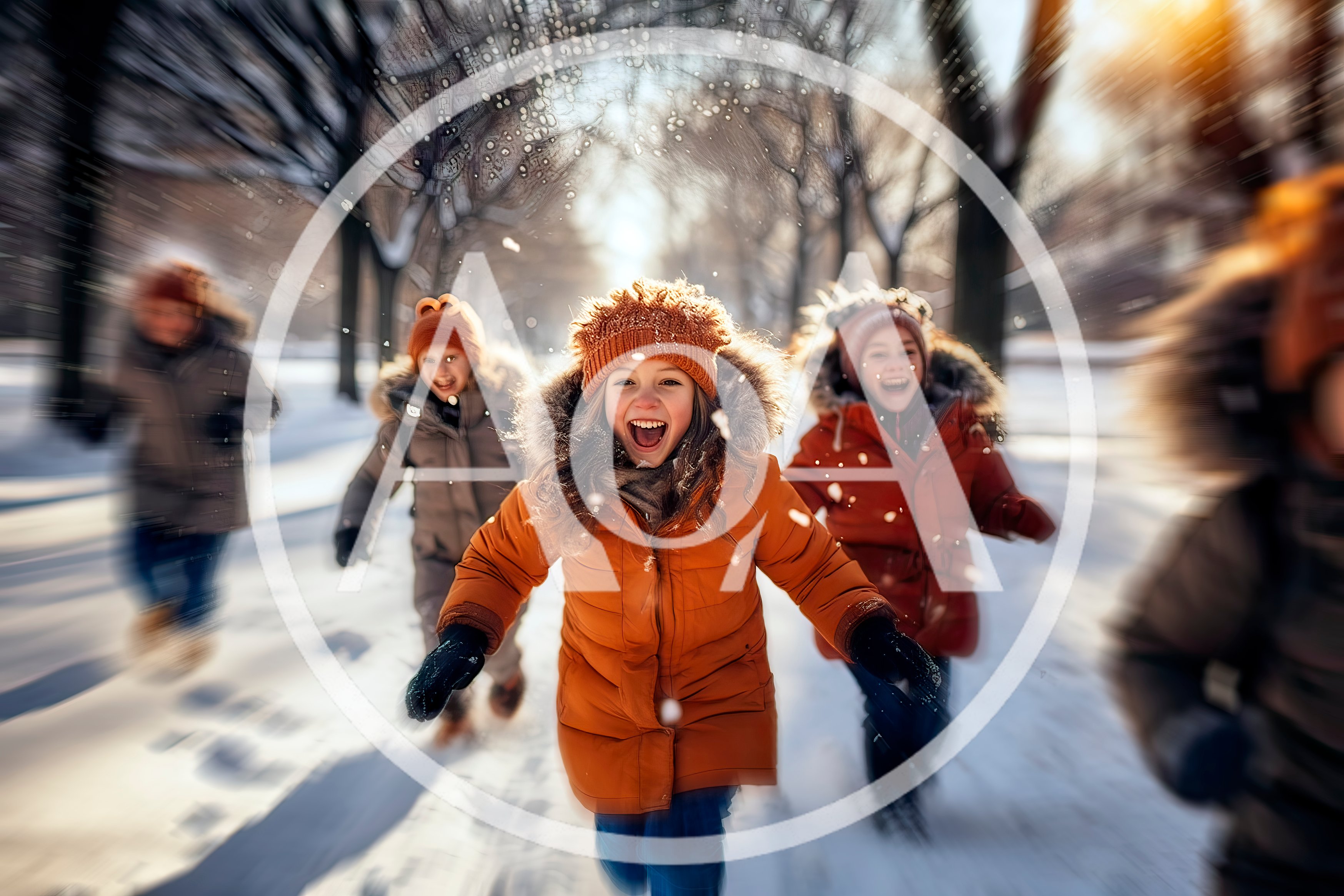 Group Of Happy Children Running Through Snowy Park