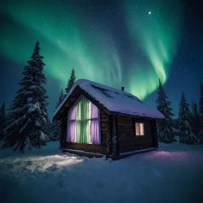 Cozy Log Cabin Under Vibrant Aurora Borealis