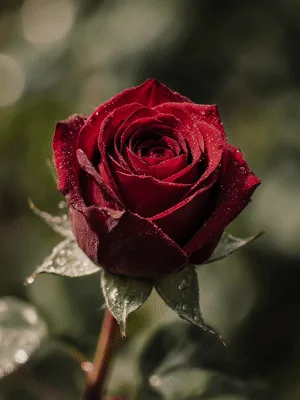 Single Deep Red Rose With Dew Drops